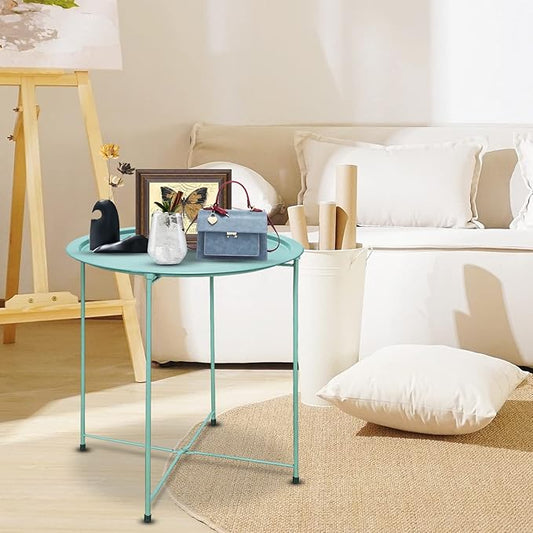 VILAWLENCE Metal End Table Side Table Round Folding Tray Small Accent Fold-able Side Table Tray,Outdoor Side Next to Sofa Table, Snack Table for Living Room and Bed Room 18.5 in (Green)