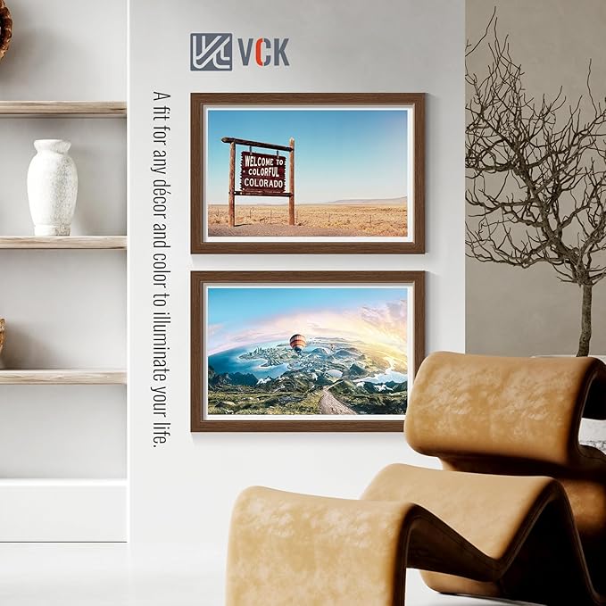 VCK 12x18 Picture Frame 2 Pack - Brown, High-End Wood Poster Frames with Tempered Glass, Display 11x17 Photo with Mat or 12x18 without Mat, Art Gallery-Quality, Wall Hanging, Brown
