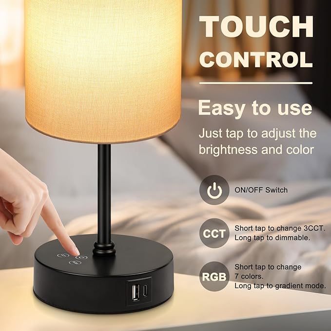 Unicozin Small Table Lamp, 3 CCT 3000K/4500K/6500K & RGB Color Changing, Stepless Dimmable Bedside Lamp for Reading, Touch Control Ambience Nightstand Light for Home Decor Party, Cream Shade