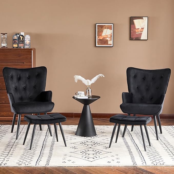 Furniliving Velvet Accent Chair with Ottoman, Upholstered Reading Chair with High Backrest, Tufted-Button Wingback Armchair for Bedroom, Dressing Room, Home Office, Black