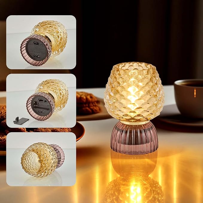 Battery Operated Lamp with Timer, Cute Small Cordless Glass Table Lamp for Home Decor, Kitchen, Bathroom, Birthday Gift for Women, Pinecone, Amber