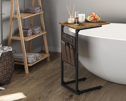 Vagusicc C Shaped End Table, Small Side Table for Couch, Tall Couch Side Table C Table for Small Space, TV Tray Slide Under Sofa Snack Table with Metal Frame for Living Room, Bedroom, Bedside, Brown