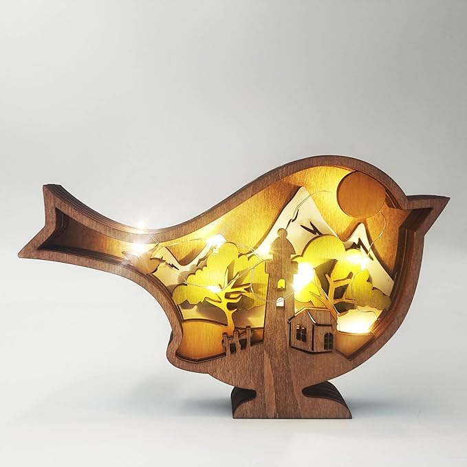 Drawelry 3D Wooden Carving Animals Lamp - Creative Fox Squirrel Wood Carved LED Night Light Garden Yard Wooden Animals Sculpture Ornaments Desktop Home Decor Birthday Gifts for Family Friend (Bird)