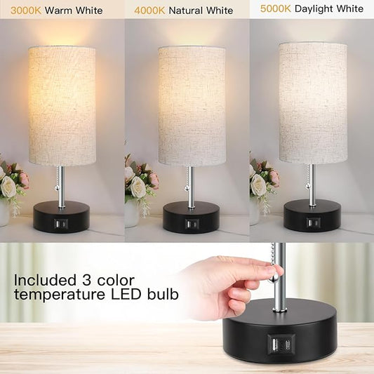 3-Color Temperature Bedside Lamp Nightstand Lamp with USB A Port and C Port, Table Lamp for Bedroom with LED Bulb Small Lamps for Living Room (Otmeal)