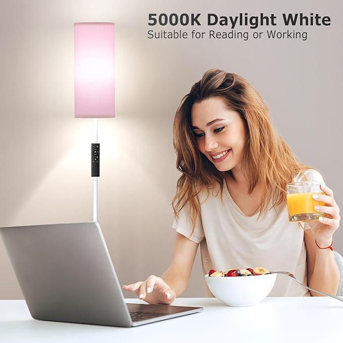 Ambimall 64'' Floor Lamps for Living Room with Remote Control and Stepless Dimmable Colors Temperature & Brightness, 9W Bulb Included(Pink Lampshade & White Pole)