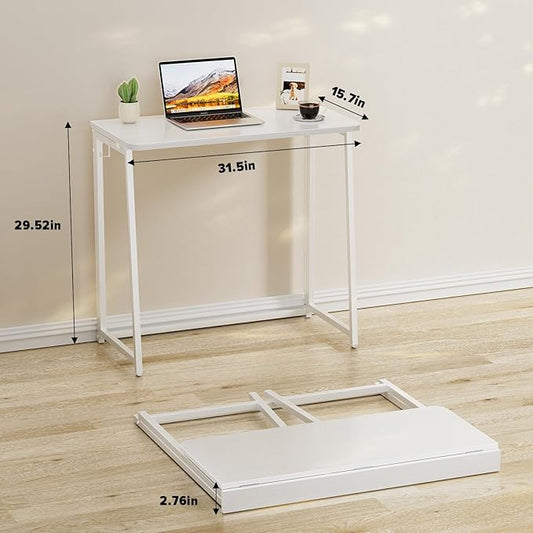 WOHOMO Folding Desk, 31.5" Small Desk for Small Spaces, Easy Assemble Foldable Computer Desk for Laptop, Mini Portable Working Table Narrow Wooden Writing Workstation for Home Office, White