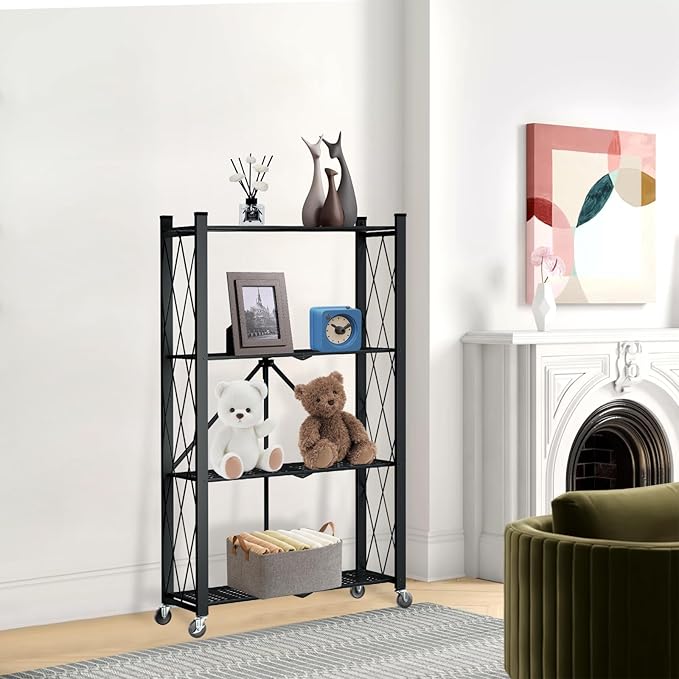 4 Tier Foldable Storage Shelf with Wheels, Heavy Duty Folding Shelf Loads 600 LBS, Metal Steel Collapsible Shelves, Rolling Standing Utility Rack for Kitchen, Pantry, Office, Black
