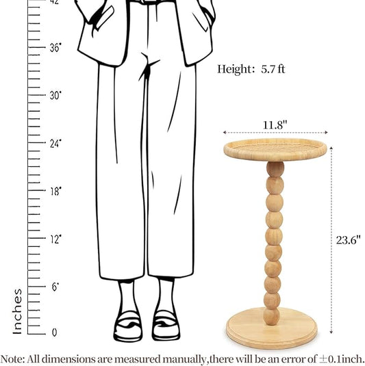 Round Side Table, Solid Wood Small Drink Table for Small Spaces, Boho Rattan End Table for Living Room, Modern Accent Table for Couch, Bedroom, Corners