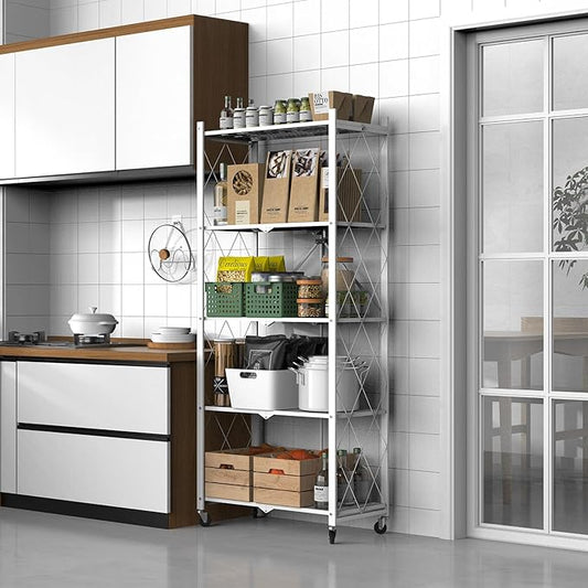 64" H 5 Tier Foldable Storage Shelf with Wheels, Folding Shelving Loads 500 LBS, Metal Steel Garage Shelves, Rolling Standing Utility Rack for Kitchen, Pantry, Office, White