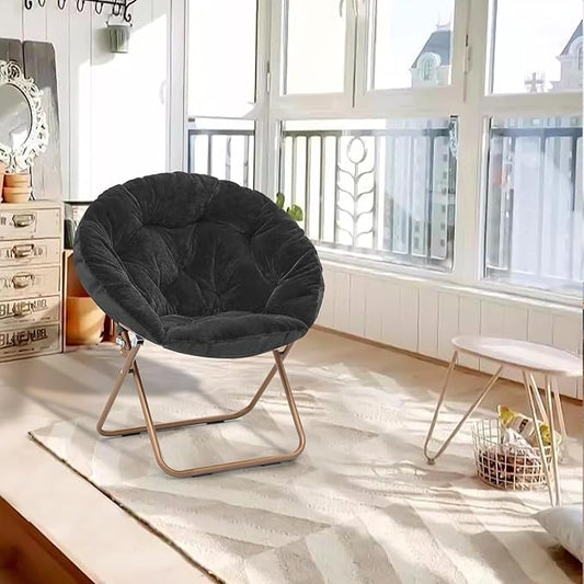 Athena Collection Comfy Saucer Chair Folding Cozy Chair for Bed Room Living Room Accent Chair Faux Fur Reading Chair Foldable Metal Frame Lazy Chair Moon Chair for Adult, Black