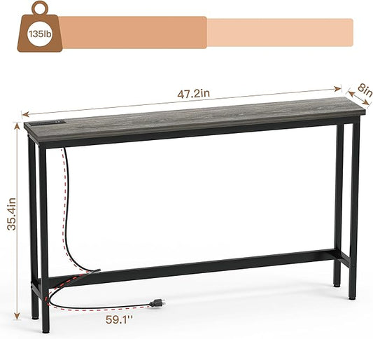 35'' High Behind Couch Table, Narrow Console Table with Outlet, Sofa Table for Entryway Hallway, Living Room, Black, Grey