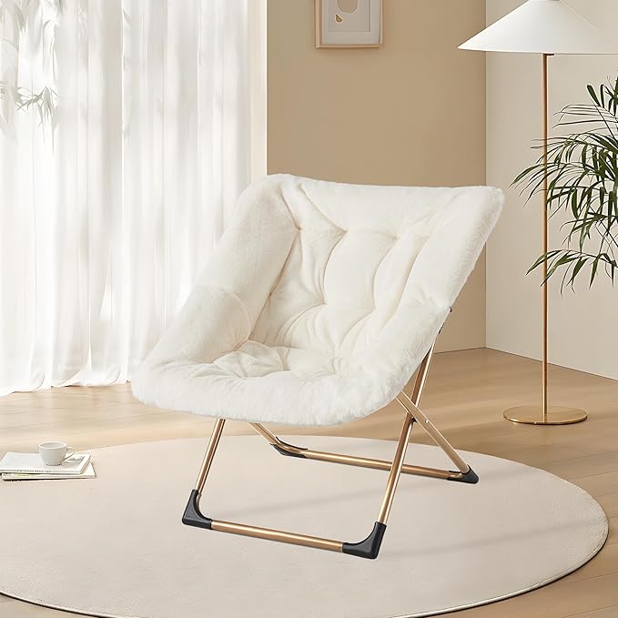 Comfy Oversized Saucer Chair, Soft Faux Fur Reading Lounge Chair for Adults, Stable X-Large Metal Frame and Non-Slip Pad, Foldable Cozy Chairs for Bedroom, Living Room, Dorm, Office, Beige
