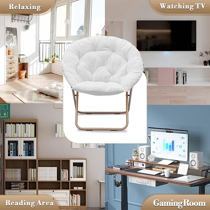 Athena Collection Comfy Saucer Chair Folding Cozy Chair for Bed Room Living Room Accent Chair Faux Fur Reading Chair Foldable Metal Frame Lazy Chair Moon Chair for Adult, White
