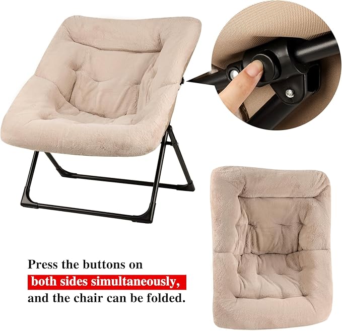 Comfy Saucer Chair for Adults, Soft Faux Fur Bedroom Chair with Ottoman, Accent Dorm Chairs, Living Room Reading Chairs and Footstool, Folding Lounge Seat for Teens, X-Large, Light Khaki