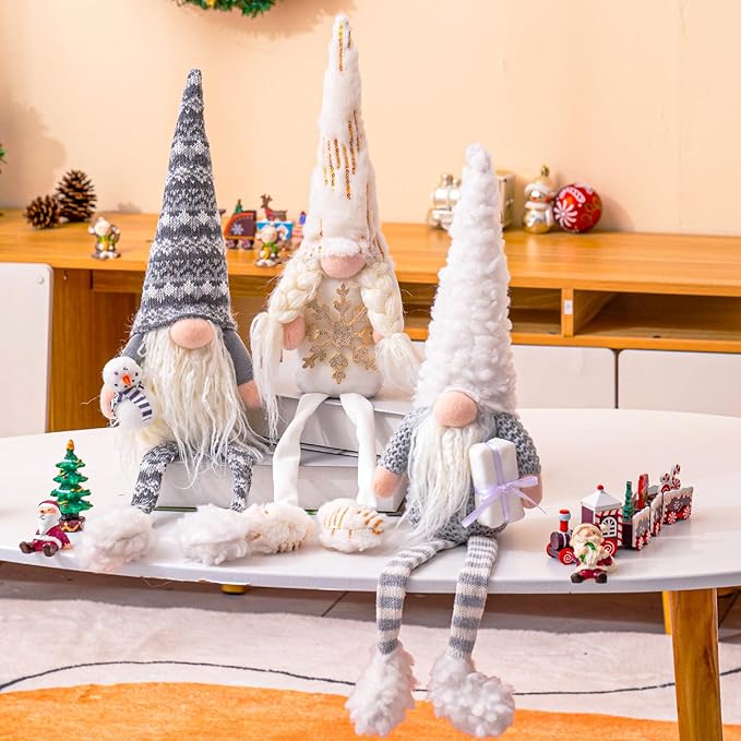 DraMosary Christmas Gnomes Plush Elf Decoration,3PCS Handmade Winter Gnomes Snowflake for Home Office Table Ornament Tiered Tray Party Decor
