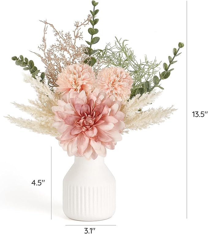 Mkono Small Artificial Flowers in Ceramic Vase 13.5" Centerpieces Coffee Table Decor, Silk Flower Arrangements for Home Decor Indoor Fake Flower Bouquet for Bathroom Dining Room Kitchen Wedding Pink