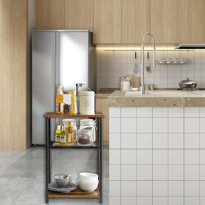 IBUYKE Side Table,3-Tier End Table, Industrial Nightstand Small Table with Storage Shelf, for Bedroom, Living Room, Hallway, with Metal Frame,Rustic Brown UTMJ403H