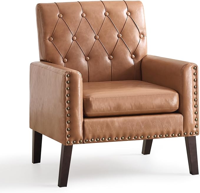 Mid Century Modern Accent Chair, Light Brown Faux Leather Office Chair for Reception - Brown Leather Club Chair for Living Room, Bedroom, or Waiting Room