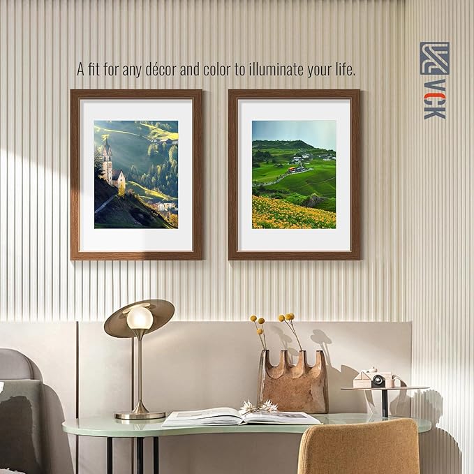 VCK 12x16 Picture Frame 5 Pack - Brown, High-End Wood Poster Frames with Tempered Glass, Display 8.5x11 Photo with Mat or 12x16 without Mat, Art Gallery-Quality, Wall Hanging, Brown