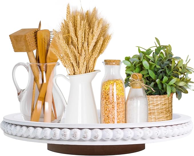 HPC Decor 12Inch Beaded Lazy Susan- Wooden Lazy Susan Organizer for Farmhouse Table Decor, Round Turntable for Table Cabinet,Countertop- Kitchen Turntable 360 Degrees Rotating Table Spinning Tray.