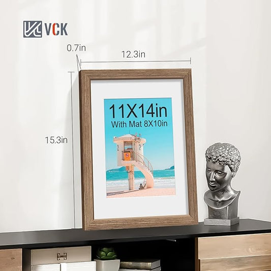 VCK 11x14 Picture Frame 2 Pack - Walnut, High-End Wood Poster Frames with Tempered Glass, Display 8x10 Photo with Mat or 11x14 without Mat, Art Gallery-Quality, Wall Hanging, Walnut