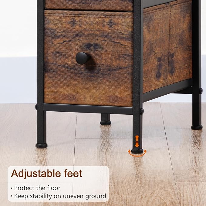 Narrow Nightstand with Charging Station, End Tables Living Room Set of 2, Skinny Side Table with Fabric Drawers, Small Sofa Table with LED Light for Bedroom, Rustic Brown, HETNDP02LPBR