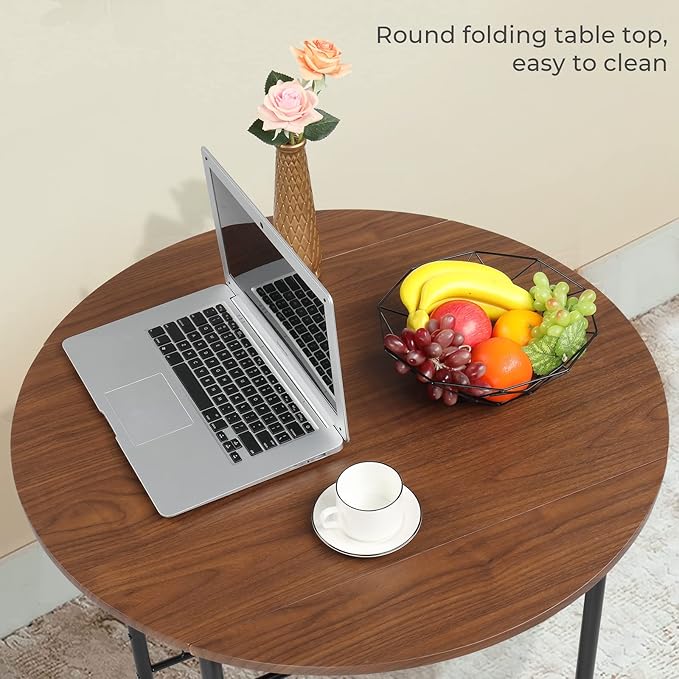 VINGLI 31.5" Drop Leaf Dining Table Set 3 Pieces for Small Space,Small Kitchen Table Set for 2,Round Folding Table with 2 Chairs for Home,Kitchen,Apartment,Black&Brown