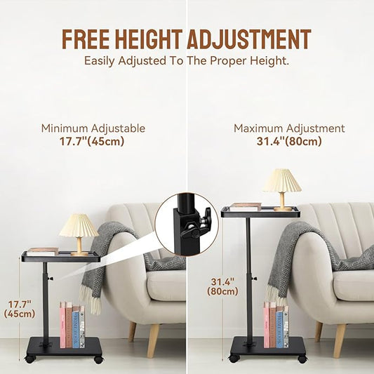 Adjustable C Shaped Side Table, C Table End Tables with Wheels for Sofa, 360° Swivel Sofa Tables for Livingroom,Bedroom,Study and Small Spaces (Glossy Black)