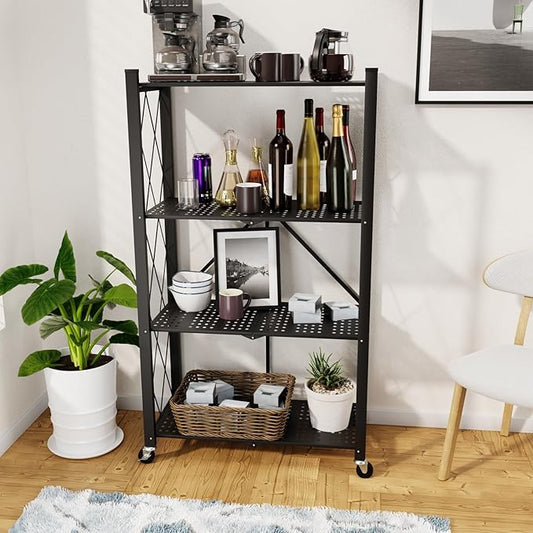 4 Tier Foldable Storage Shelf with Wheels, Heavy Duty Folding Shelf Loads 600 LBS, Metal Steel Collapsible Shelves, Rolling Standing Utility Rack for Kitchen, Pantry, Office, Black