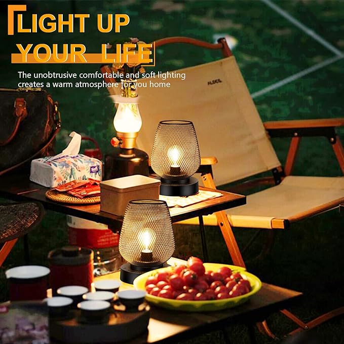 UBright 2 Pack Rechargeable Table Lamp Cordless Table Lamp Battery Operated Lights Metal with 4 Lighting Mode Indoor Outdoor Lights for Patio Bedroom Living Room (Bulb Included) Black