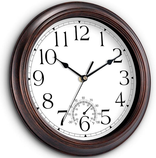 14 Inch Outdoor Wall Clock with Thermometers, Vintage Silent Wall Clocks Battery Operated, Retro Non-Ticking Clock Decorative for Living Room, Patio, Kitchen, Office, Bathroom, Bedroom(Bronze)