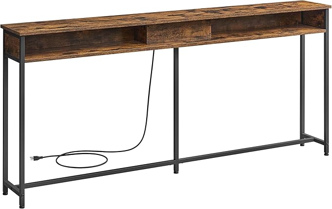 VASAGLE 70.9-Inch Console Table with Outlet and Shelves, Sofa Table with Charging Station, Behind Couch Table Skinny, Entryway Table for Hallway, Living Room, Rustic Brown and Ink Black ULNT118B01