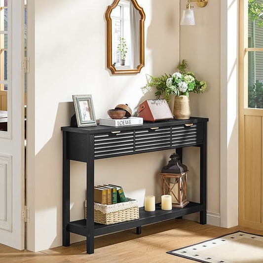 LEYAOYAO Fluted 47.2" Console Table with 3 Drawers, Modern Wood 2 Tier Entryway Table with Open Storage Shelf, Boho Sofa Entry Tables Behind Couch for Living Room, Hallway, Entrance Foyer, Black Oak