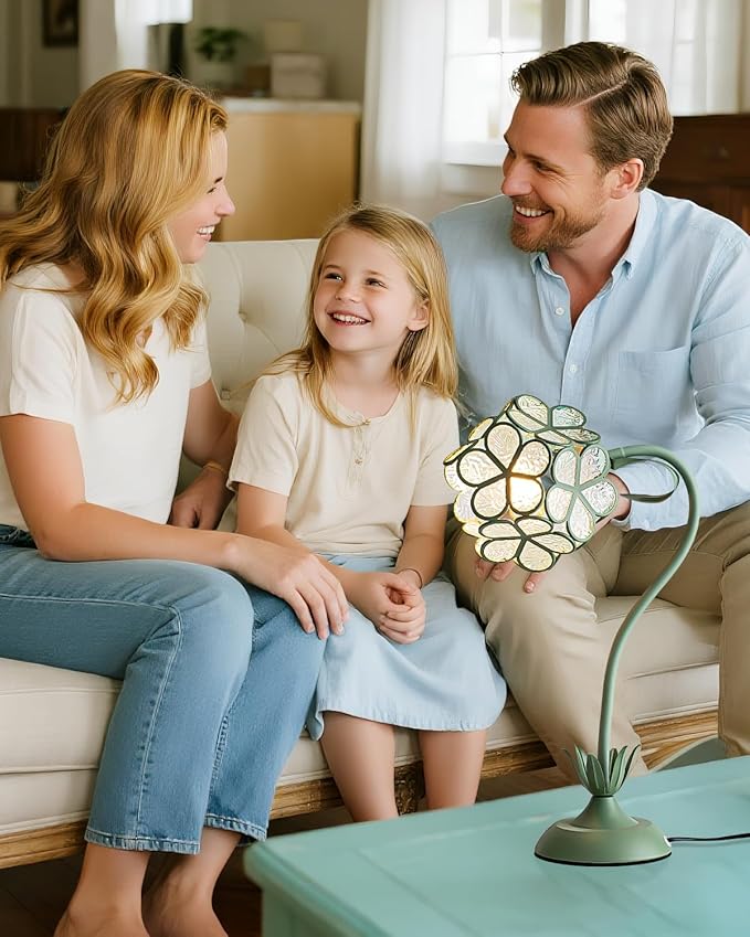 Flower Table Lamp, Vintage Green Floral Desk Light with Artistic Glass Petal Shade, Cottagecore Ambient Bedside Nightstand Lamp for Bedroom, Living Room, Study, Gift