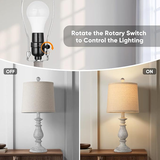 QiMH Farmhouse Table Lamp Set of 2, Rustic Table Lamps for Living Room, Vintage Nightstand Lamp with Rotary Switch, Beside Lamps for Bedroom, Traditional Table Lamps with Linen Shade, Antique Grey