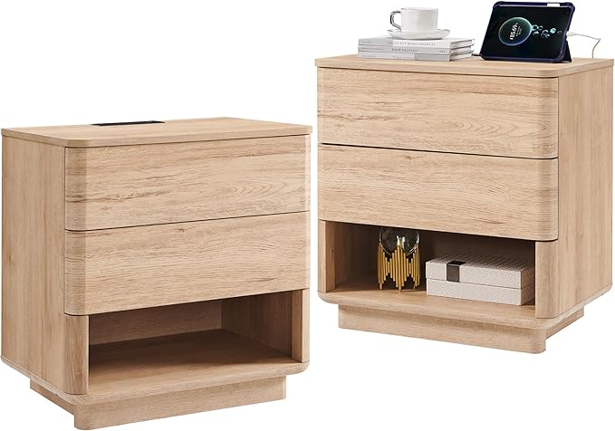 ACCOHOHO Nightstand Set of 2 with Charging Station, 22" Large Modern Bedside Table with 2 Drawers Storage,Push-to-Open End Table for Bedroom,Living Room,Natural Oak
