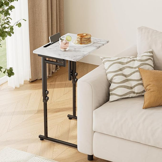 TV Tray, Folding TV Dinner Table, Adjustable Small C-Shaped End Tray for Eating, Foldable Slide Under Couch Side Table for Recliner, Living Room,No Assembly Required(White Marble,2Pcs)