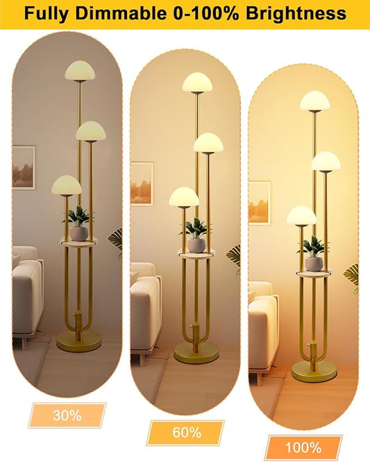 Lightdot Gold Dimmable Floor Lamp with Table, Modern Floor Lamps for Living Room, 3000K Warm Lights Tall Standing Lamp with Mushroom Shades & Bulbs for Bedroom/Office