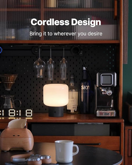 Halo Mushroom Lamp, 5W Cute Cordless Rechargeable Table Lamp with Glass Shade, 3 Color Temps LED Dimmable Ambient Lighting, Small Retro Touch Bedside Light for Bedroom Decor, Black