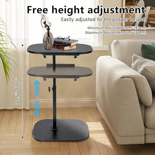 Side Table TV Tray for Couch,90° Tiltable Laptop Table Height Adjustable 360° Swivel C Shaped End Table for Small Spaces,Bedside Bathroom Living Room (Black)