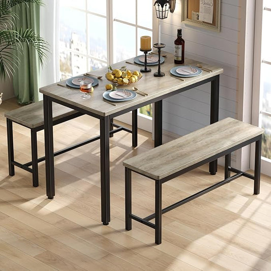 Tatub Dining Table Set for 4, 3-Piece Kitchen Table with 2 Benches, Space-Saving Dining Room Set for Breakfast Nook and Small Spaces, Grey