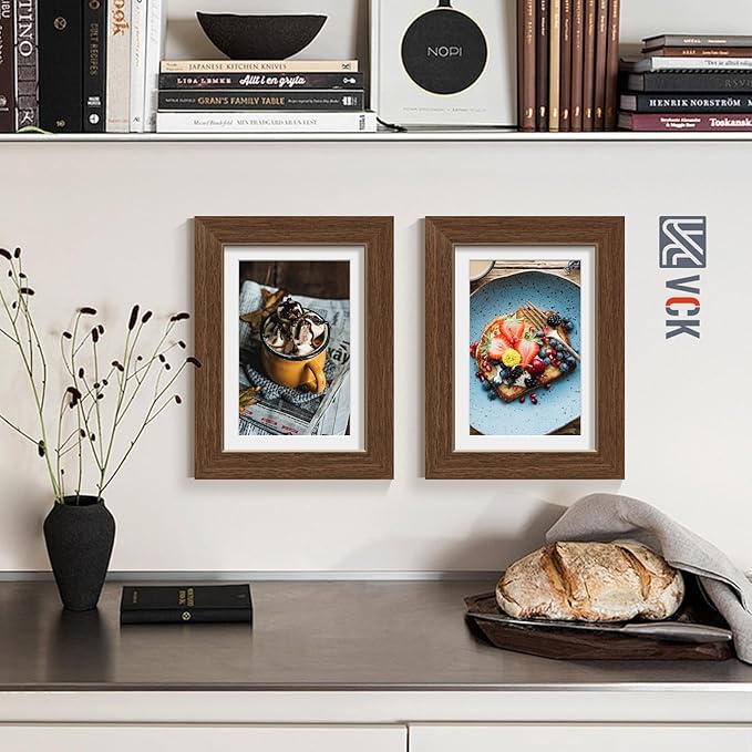 VCK 5x7 Picture Frame 5 Pack - Brown, High-End Wood Poster Frames with Tempered Glass, Display 4x6 Photo with Mat or 5x7 without Mat, Art Gallery-Quality, Wall Hanging/Tabletop, Brown