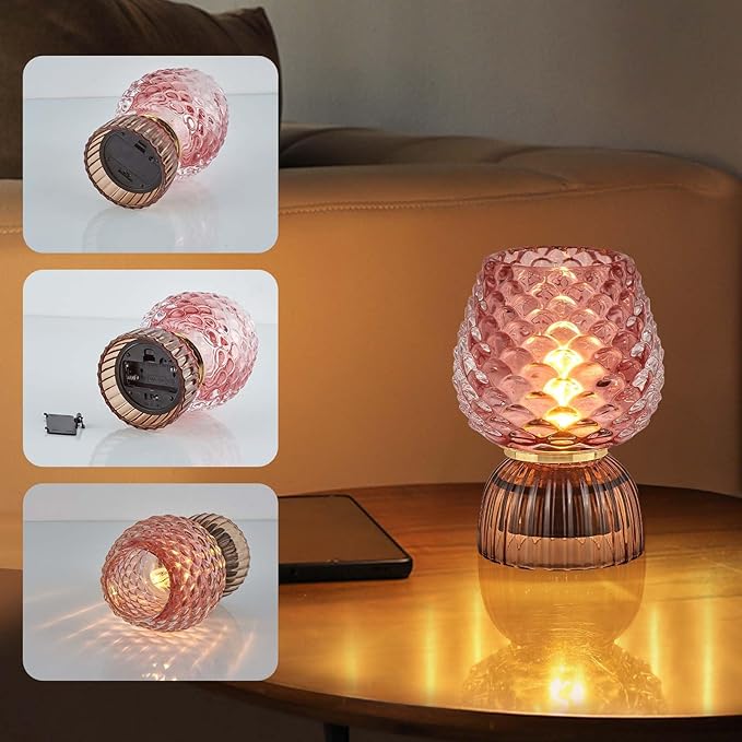 Battery Operated Lamp with Timer, Cute Small Cordless Glass Table Lamp for Home Decor, Kitchen, Bathroom, Birthday Gift for Women, Pinecone, Pink