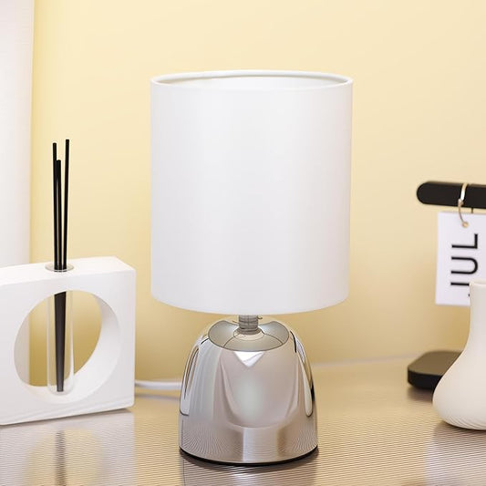 Small Modern Touch Eye Protection Bedside Table Lamp, 5.5 x 5.5 x 10 Inch Farmhouse Table Lamps, Silver Metal Base Table Lamp for Living Room Bedrooms and Office (White Fabric Lampshade)