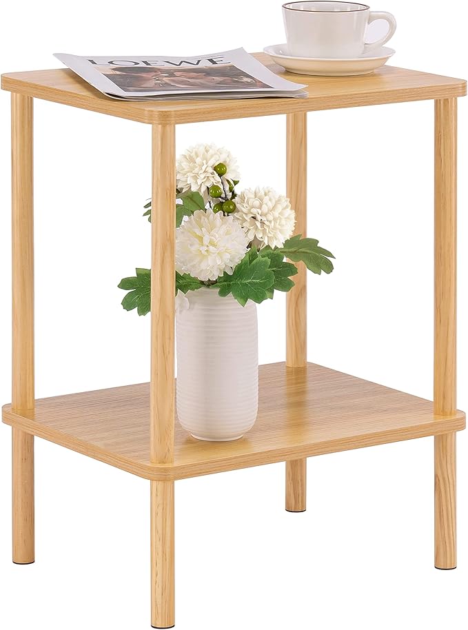 Apicizon 2 Tier End Table, Small Side Table with Solid Wood Legs, Boho Bedside Table with Storage Shelf, Nightstand for Small Spaces, Bedroom, Living Room, Entryway, Farmhouse, Easy Assembly, Natural