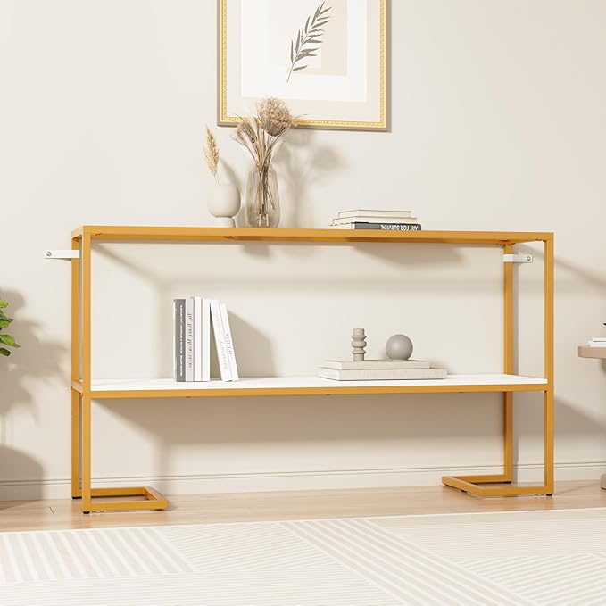 Console Sofa Table, 52" Modern Entryway Table, 2-Tier Open Shelf with Tempered Glass, Metal Frame Behind Couch Table with Gold Metal Frame for Living Room Hallway Entrance, White