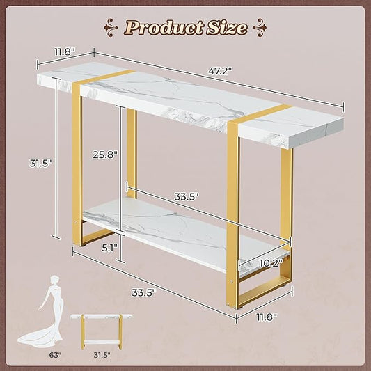 Huuger 47.2 Inch Entryway Table with Marble Top, 2-Tier Modern Console Sofa Table with Storage, Accent Table, for Entry, Hallway, Entrance, Foyer, T-Shaped Metal Frame, White Marble & Gold