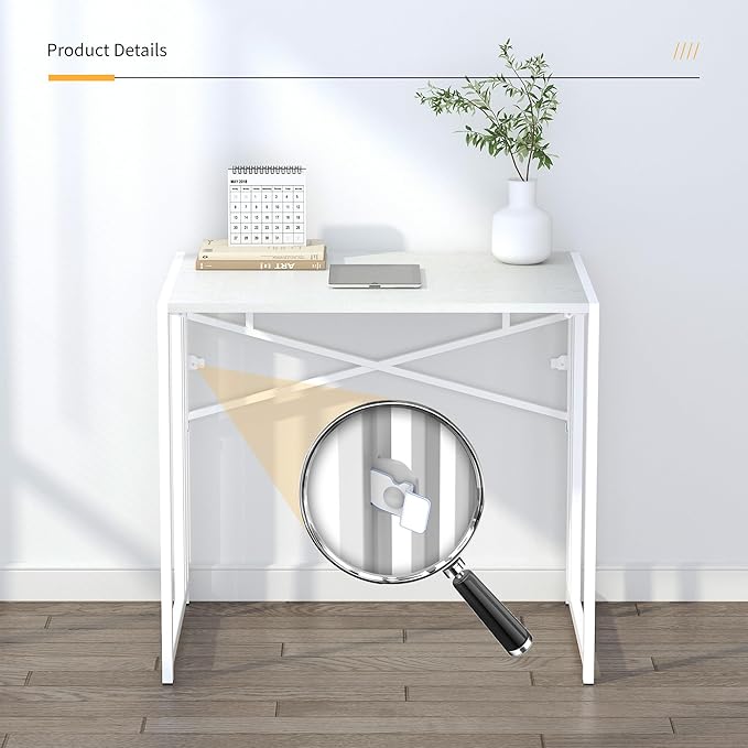 Small Folding Desk 32 inch, No Assembly Required Small Office Desk, Writing Gaming Computer Camping Desk, White
