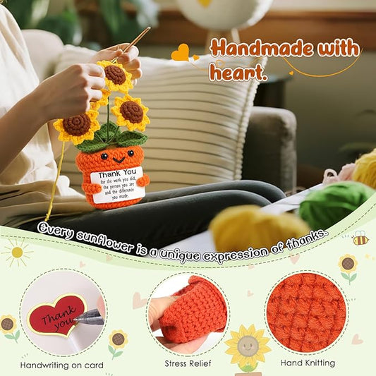 Mini Thank You Gifts for Women Handmade Crochet Sunflower Appreciation Gift for Women, Teacher, Mentor, Nurse, Boss, Leader, Friend, Coworker Retirement Farewell Christmas White Elephant Gift Ideas