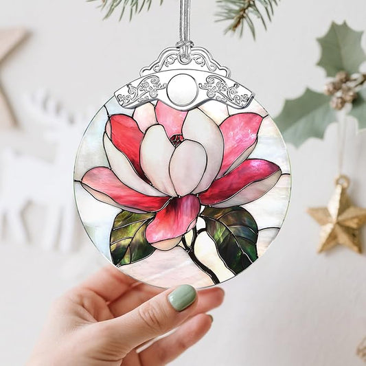 Stained Glass Magnolia Flower Christmas Ornament: Christmas Tree Ornaments & Decor, Holiday Decor – Holiday Presents, Gift Exchange Ideas & Elegant Keepsake for Family, Coworkers & Friends